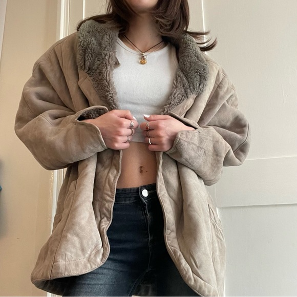 Vintage grey cream genuine sheepskin shearling jacket aviator style high end - Picture 2 of 8